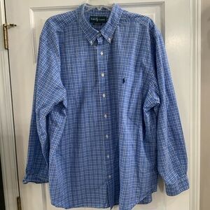 Ralph Lauren Men’s 2XB Button Down Shirt Blue White Plaid Classic Fit Cotton